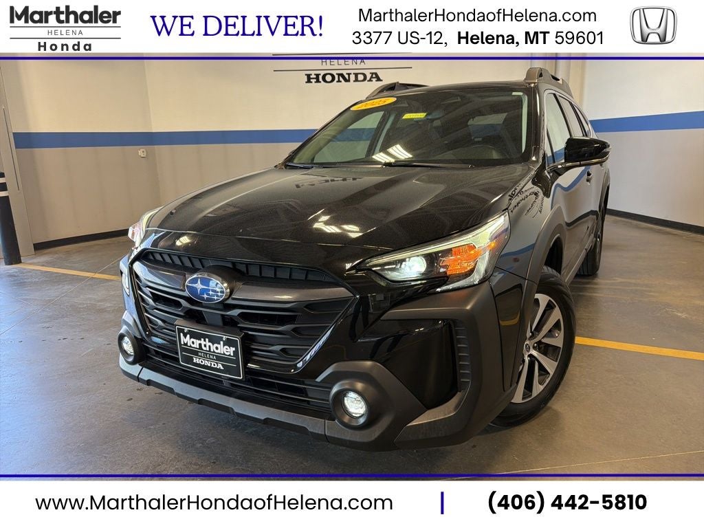 2025 Subaru Outback Premium w/ Nav, Pano Roof & Adaptive Cruise in Crystal Black Silica — front three-quarter view
