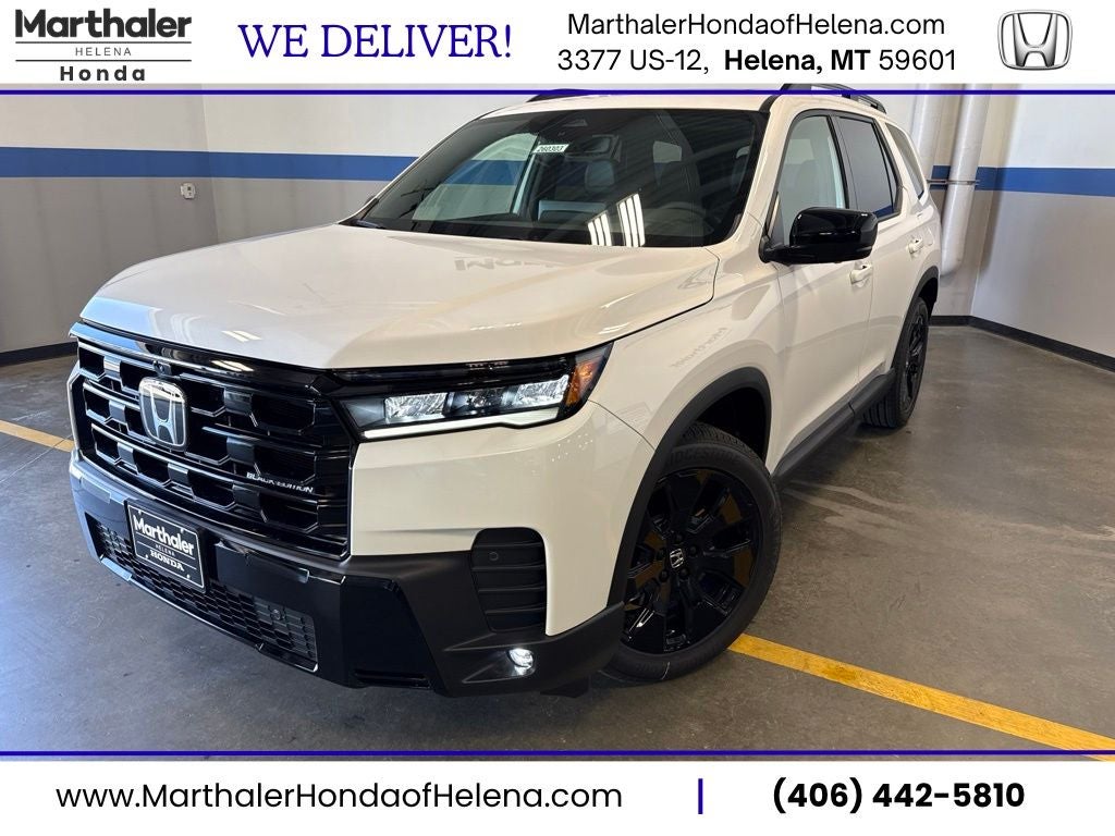 2026 Honda Pilot Black Edition in Platinum White Pearl — front three-quarter view