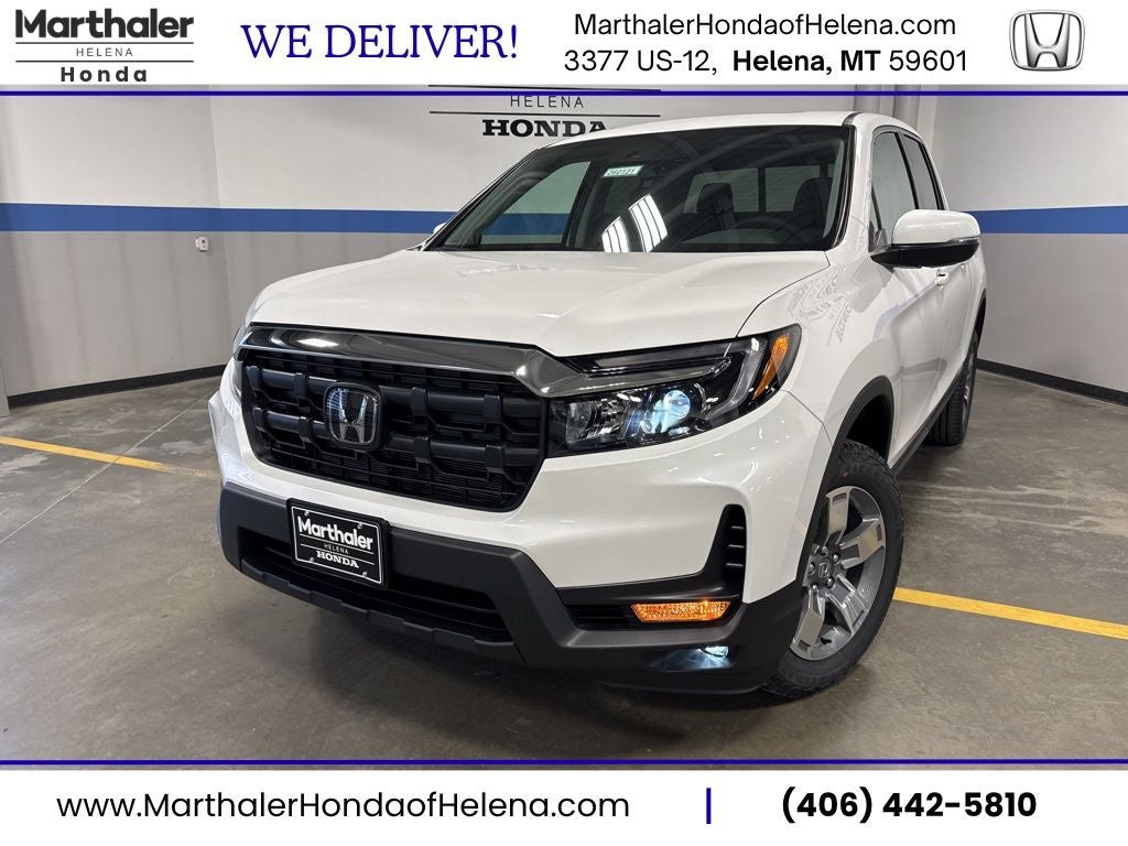 2026 Honda Ridgeline RTL in Platinum White Pearl — front three-quarter view