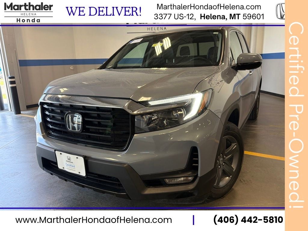2023 Honda Ridgeline RTL-E w/ Nav in Sonic Gray Pearl — front three-quarter view