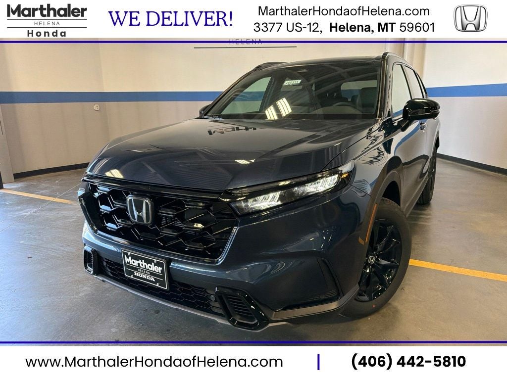 2026 Honda CR-V Hybrid Sport-L in Canyon River Blue Metallic — front three-quarter view